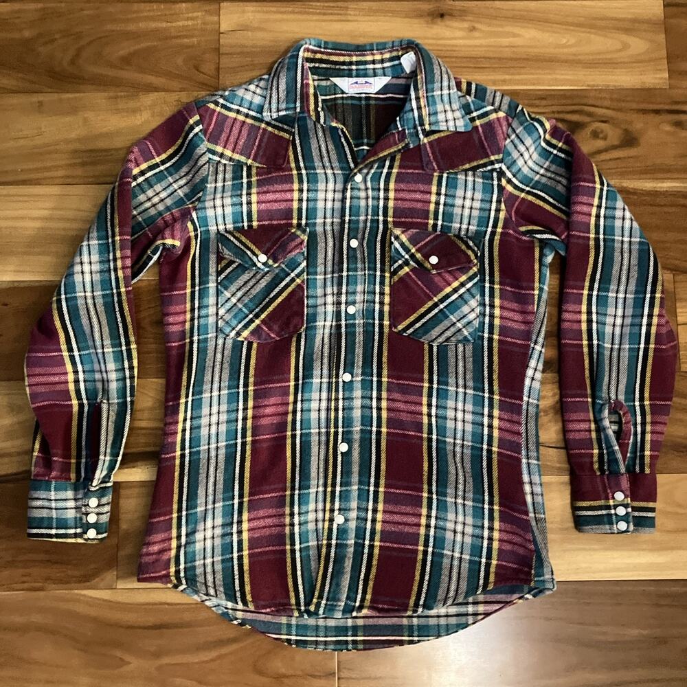 Vtg Dakota Five Brother Shirt Mens M Plaid Flannel Western Snap USA 80s Blue Red